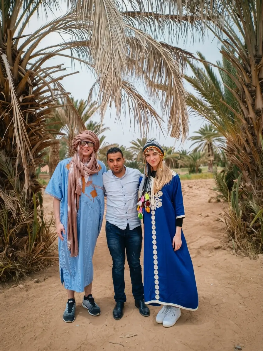 Hassan with two travelers in traditional dress at a palm-filled desert oasis