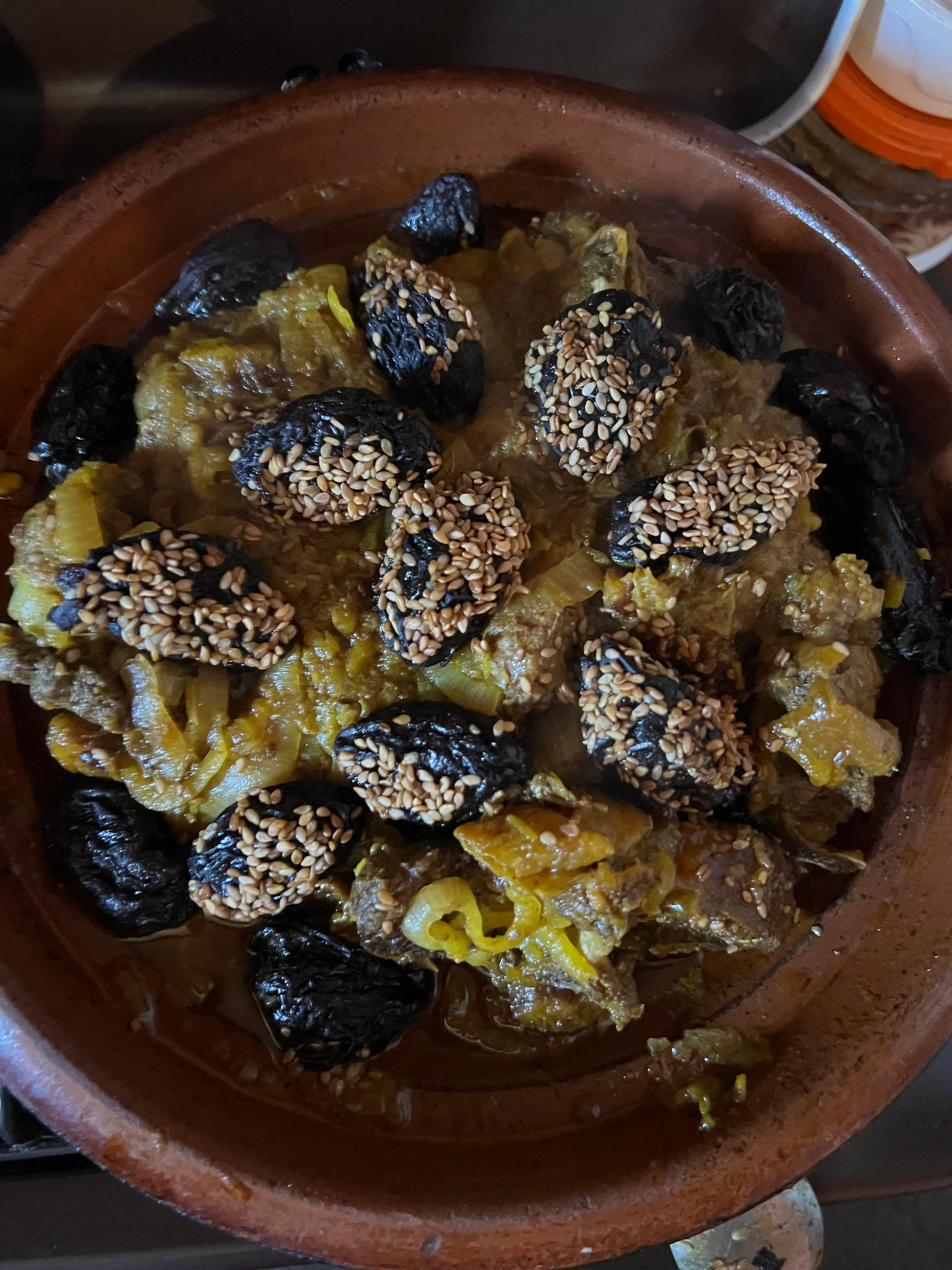 Traditional Moroccan Lamb Tagine with Prunes and Sesame Seeds