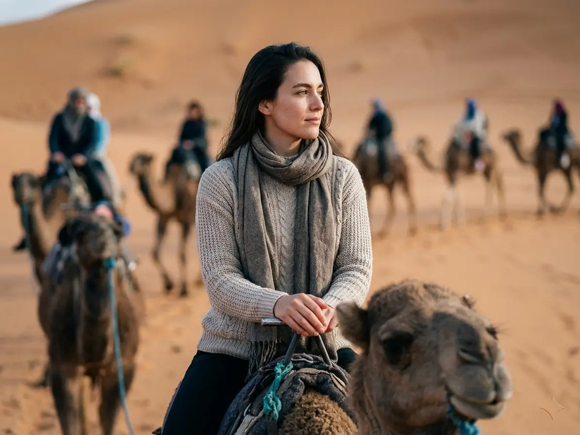 A traveler riding a camel across the warm dunes of the Sahara