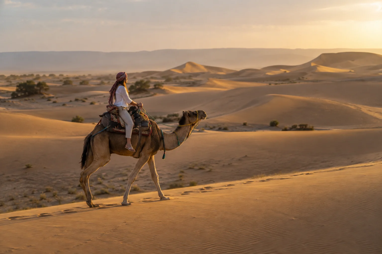 A traveler riding a camel across the golden Sahara dunes