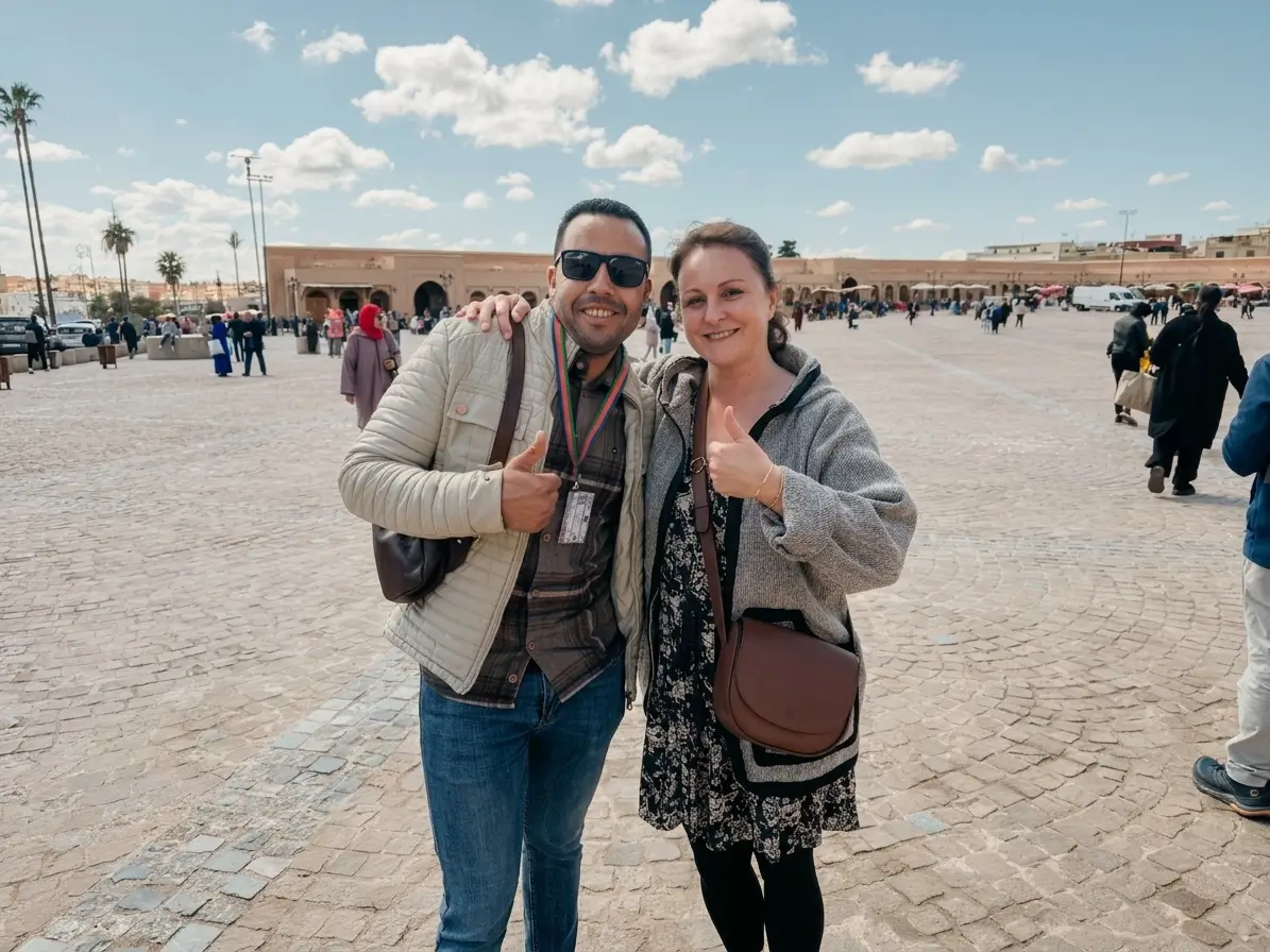 Hassan walking with a guest through Jemaa el-Fnaa in Marrakech
